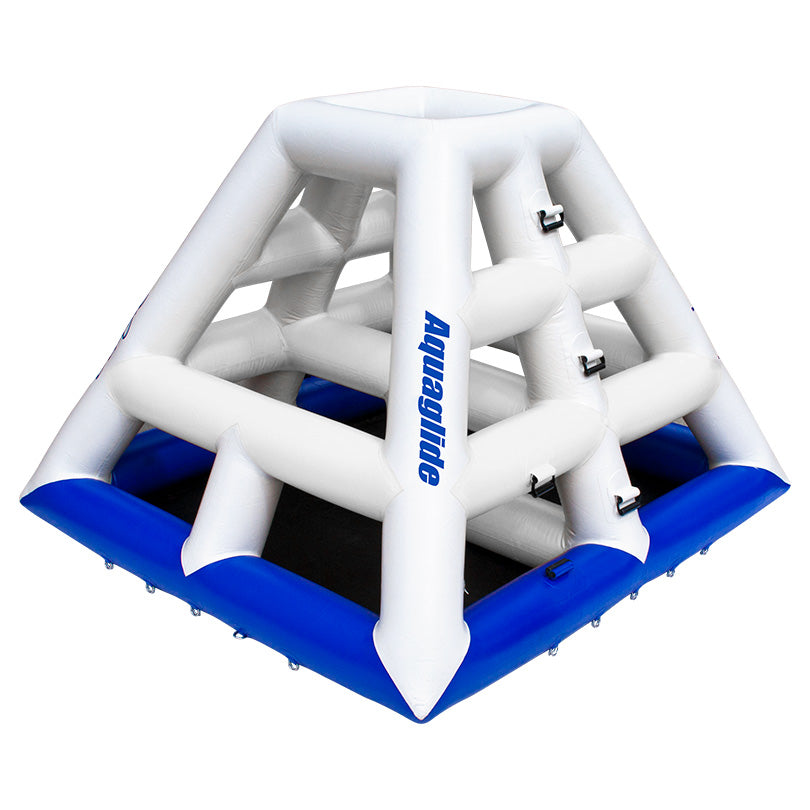 Aquaglides inflatable Jungle Jim climbing structure in white and blue.