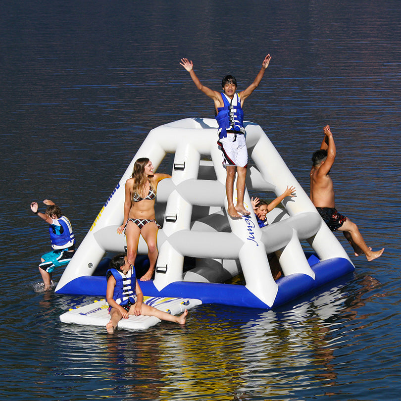 People enjoying a Jungle Jim Aquaglide on a lake.